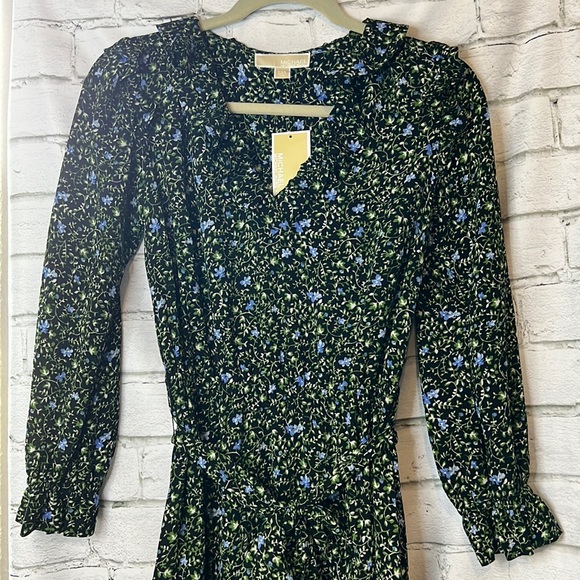 Michael Kors Black Midi Smock Dress w/ Green & Blue Floral Print, Ruffles, NWT! - Picture 4 of 9